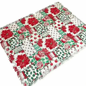 Crown Crafts Christmas Poinsettia Holly Fringe Throw Tapestry Blanket Vintage